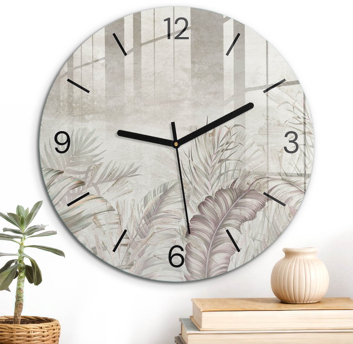 ArtPrintCave Beige Glazen Klok - Wandklok 30 cm - Muurklok Rond - Delicate Natuur Wandklok Keuken - Bloemen En Planten Unieke Klok - Zwarte Klokwijzers