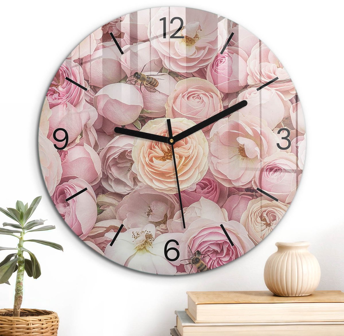 ArtPrintCave Roze Glazen Klok - Wandklok 30 cm - Muurklok Rond - Bloemenmotief Stille Wandklok - Natuur Wandklok Keuken - Zwarte Klokwijzers