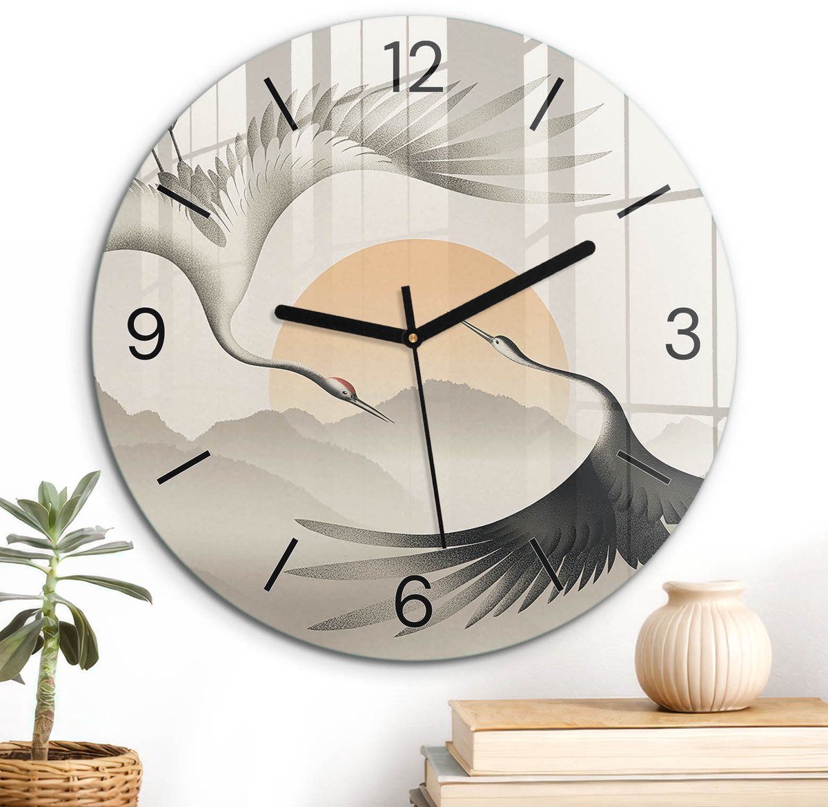 ArtPrintCave Grijs Glazen Klok - Wandklok 30 cm - Muurklok Rond - Bergkraanvogels Stille Wandklok - Dieren Wandklok Keuken - Zwarte Klokwijzers