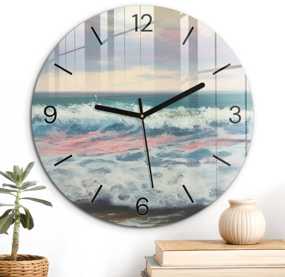 ArtPrintCave Blauw Glazen Klok - Wandklok 30 cm - Muurklok Rond - Zeegezicht Wandklok Keuken - Natuur Unieke Klok - Zwarte Klokwijzers
