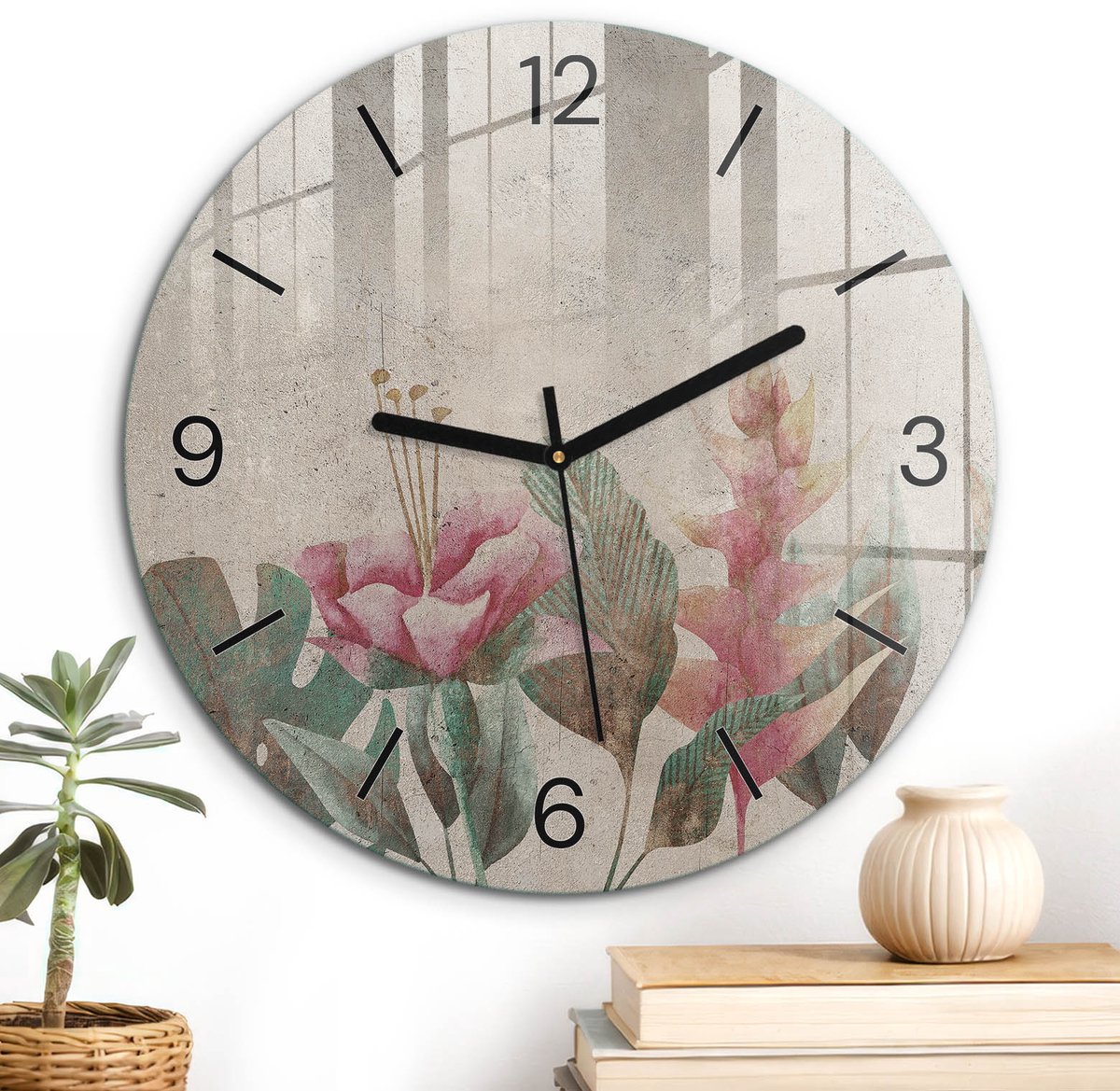ArtPrintCave Beige Glazen Klok - Wandklok 30 cm - Muurklok Rond - Natuurlijke Elegantie Wandklok Keuken - Natuur Unieke Klok - Zwarte Klokwijzers