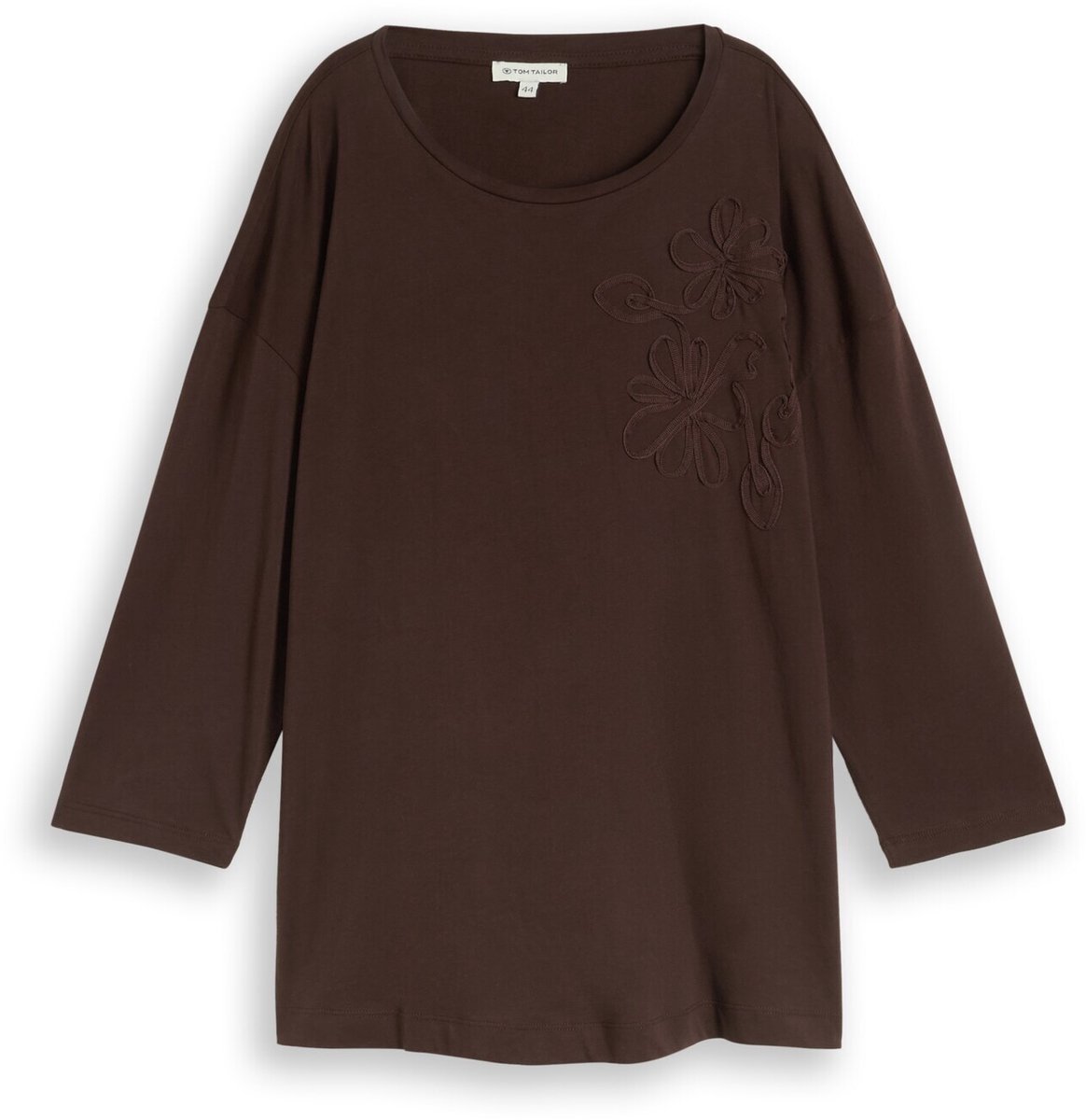 Tom Tailor - Plus Size - T-shirt met losse pasvorm en bloemenapplicatie - Maat 52 - java dark brown