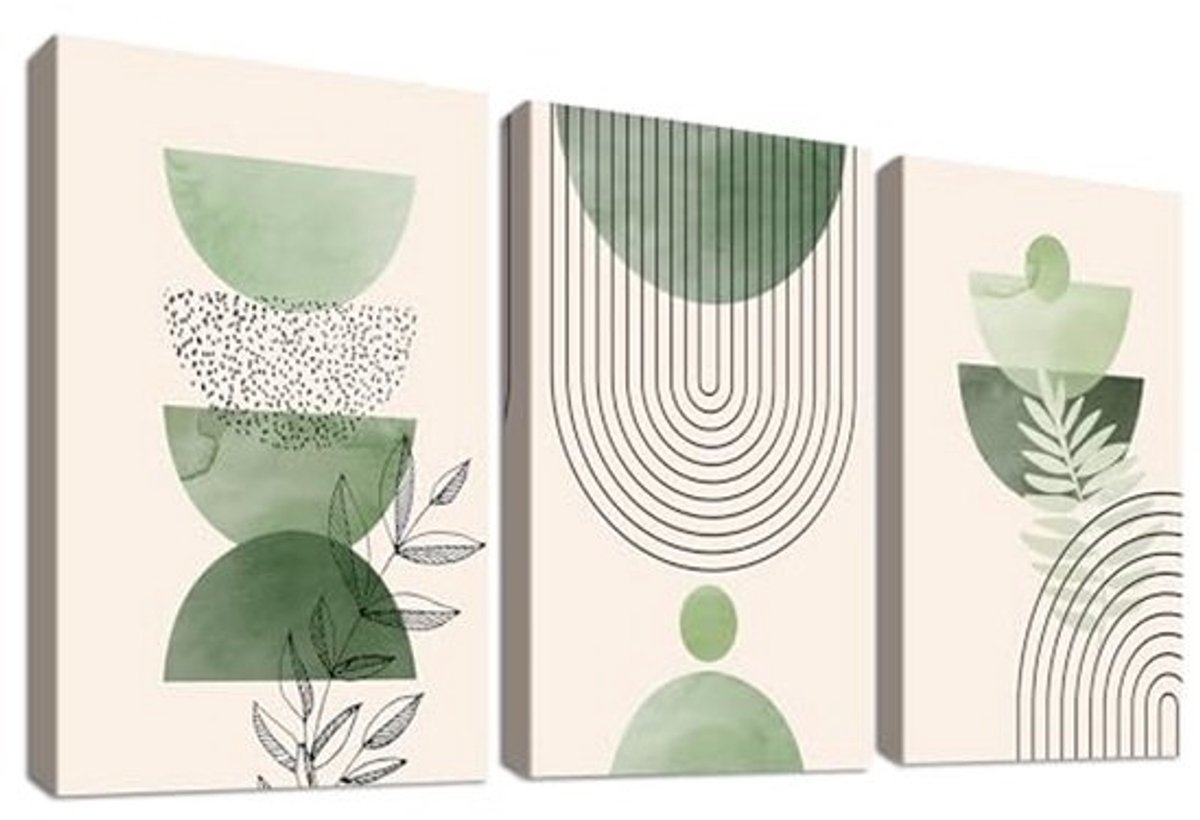 Houten ingelijste canvas wandkunst set – 3 stuks, minimalistisch geometrisch design in saliegroen en beige – Muurdecoratie voor woonkamer en slaapkamer, totaal 90 x 40 cm