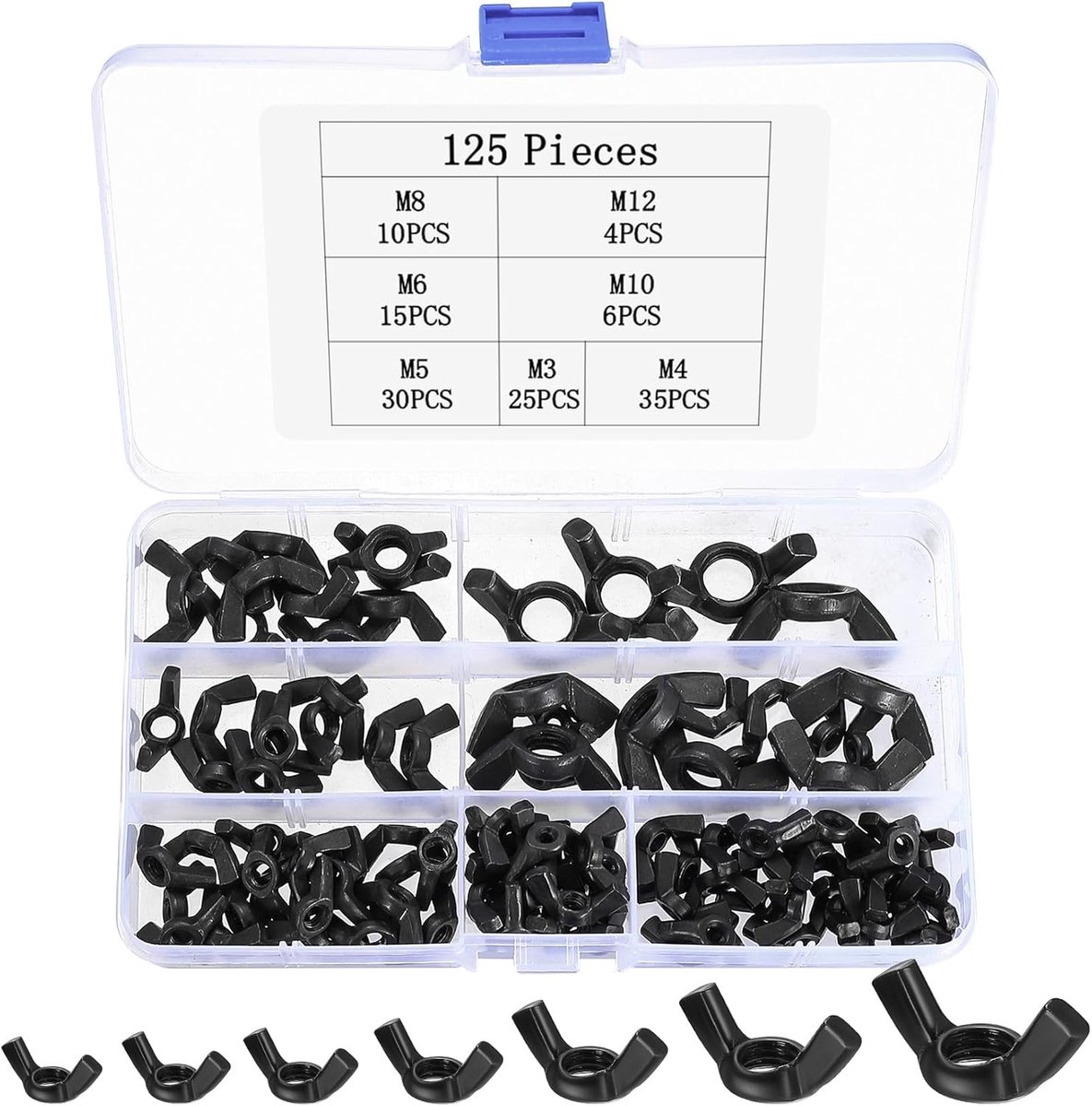 Vleugelmoeren, assortiment kit, vlindermoeren, M2, M4, M5, M6, M8, M10, M12, vleugelmoeren, zwart, metrische vleugelschroeven, vleugelmoeren voor meubels, uitrusting, doe-het-zelf
