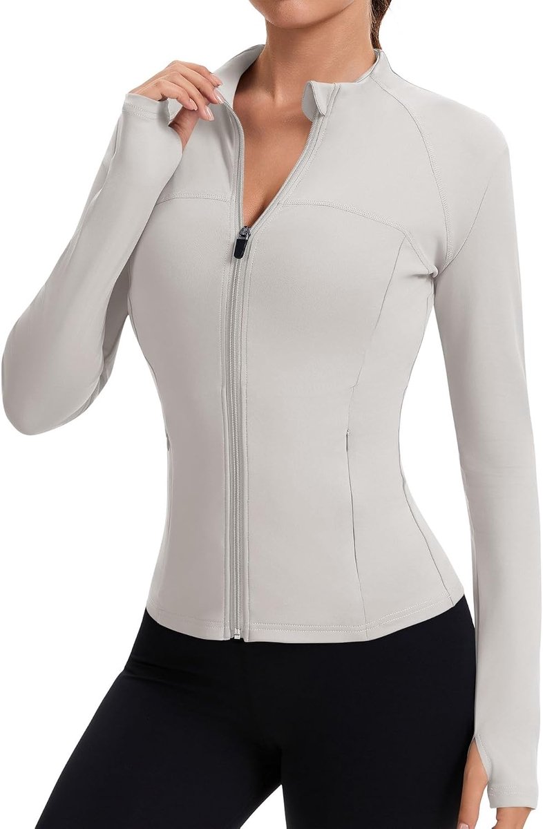 Sportjack voor dames, hardloopjack, lange mouwen, sport, T-shirt, gym, tops, yoga, fitness, bovenstuk, lichte trainingsjas met duimgat en zakken