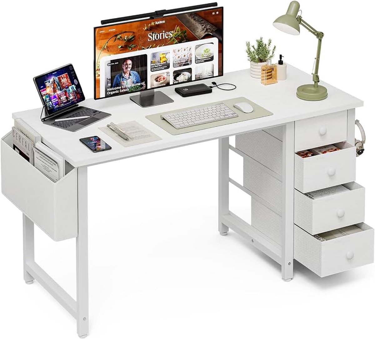 120 cm, kleine computertafel met 4 stoffen laden, omkeerbaar bureau voor kinderen, jongeren, moderne werktafel voor slaapkamers en kleine ruimtes, wit