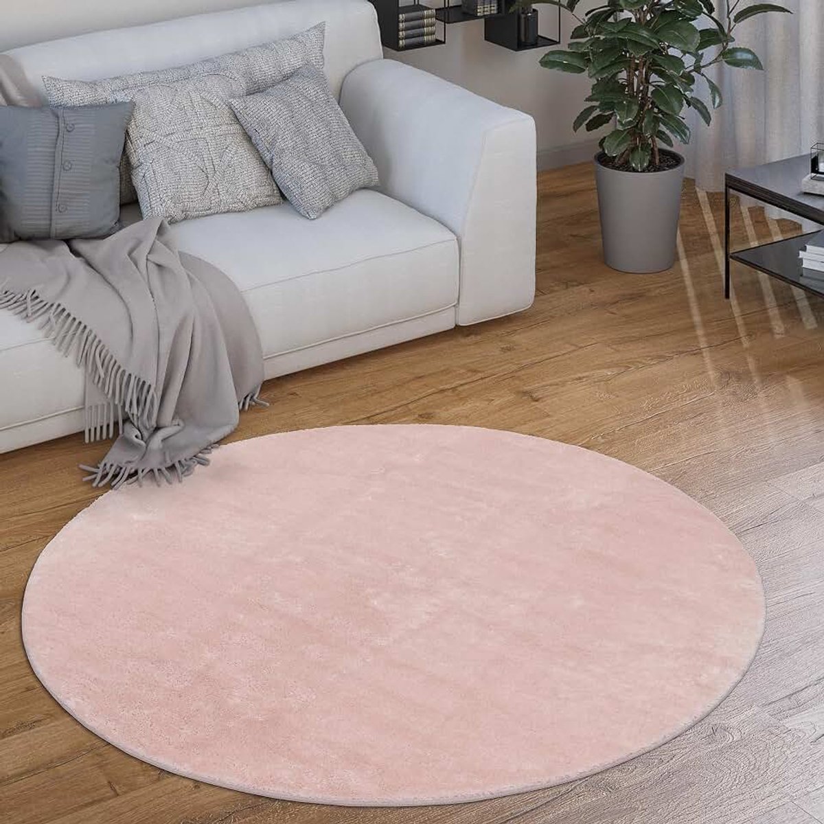 Home Vloerkleed Rond Woonkamer Laagpolig Modern Pluizig Wasbaar Eenkleurig, Maat:Ø 200 cm rondje, Kleur:Roze