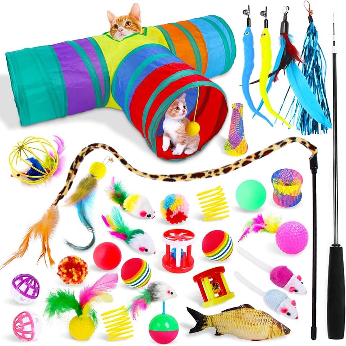 30 stuks Kattenspeelgoed,Kitten Mouse Toys Set,3-weg Tunnel met Pompons en Belletjes voor Katten,Interactieve Speelgoed Set voor Indoor Katten Kitten