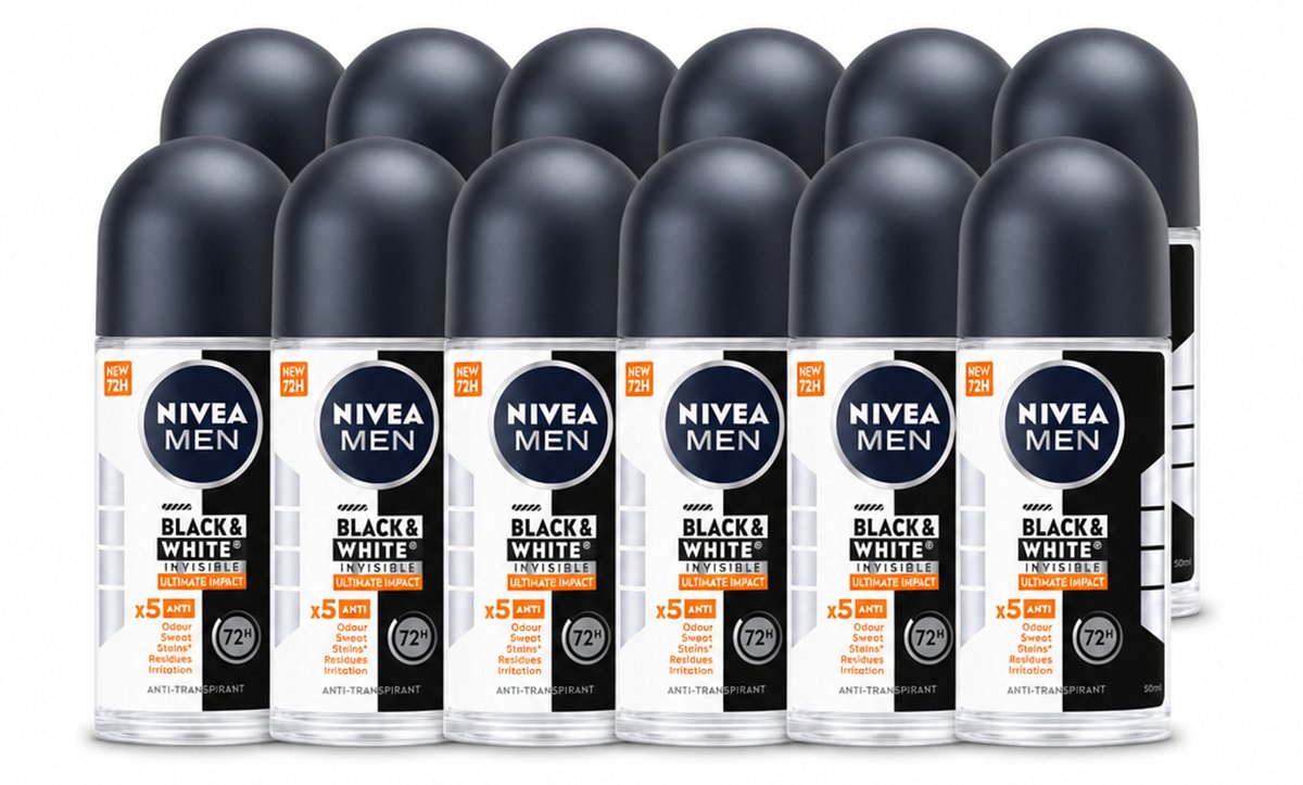 12 x NIVEA MEN - Deodorant Roller - Black & White Ultimate Impact - 50 ml - Voordeelverpakking - 12 stuks