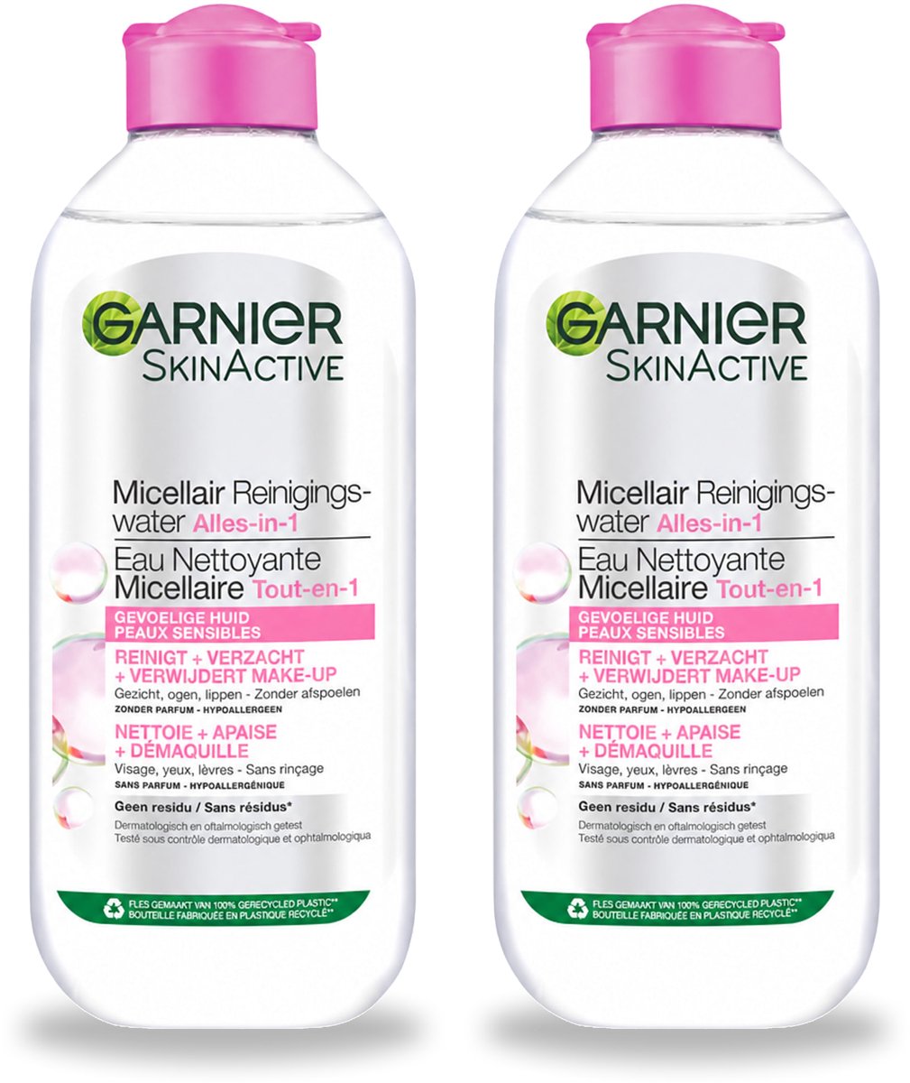 2 x Garnier - SkinActive - Micellair Reinigingswater - Gevoelige Huid - Milde Reiniging & Make-Up Remover - 400 ml - Bulkverpakking - 2 stuks