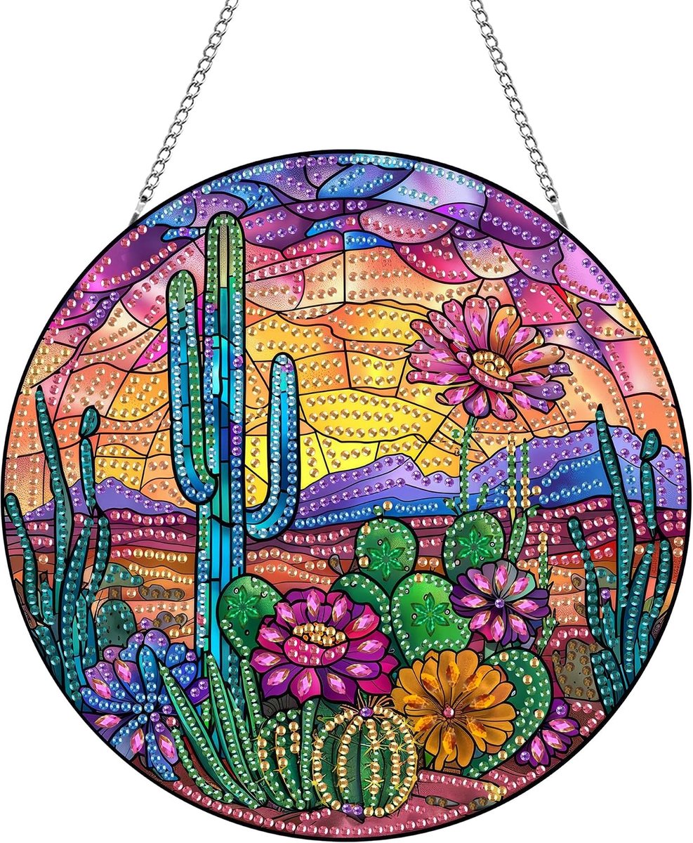 Cactus Diamond Painting Hanger met Ketting,Plant Diamond Painting Raamafbeeldingen, Wandophangkits voor Veranda, Raam, Muur, Tuin, Decoratie 20 x 20 cm(Cactus)