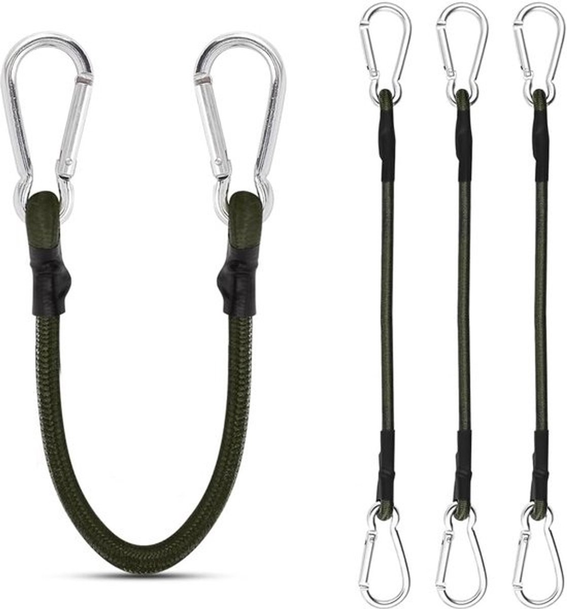 Elastic Ropes met Carabiner - 4 Pack - 30 cm - Duurzame Bevestigingsriemen - Elastische Haken voor Kamperen - Tarpaulins - Bagage - Groen