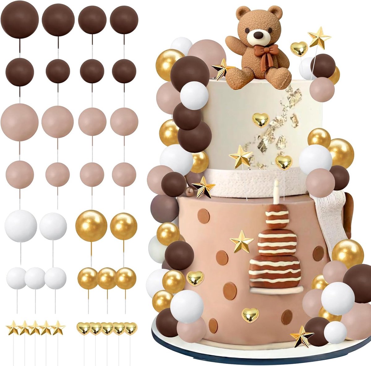 37 stuks donkerbruine teddybeer taartdecoratie, teddybeer taartdecoratie jongen meisje, Cake Toppers kindergeverjaardag, Happy Birthday voor kinderen verjaardag feest taart decoratie (B