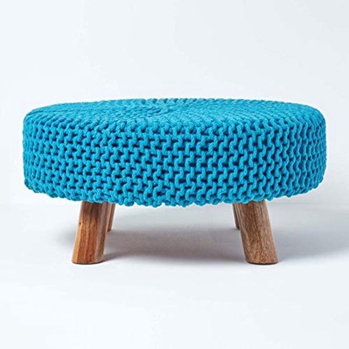 Teal Blue Gebreide Poef - Comfortabele Zithulp voor Woonkamer, Kinderen en Ouderen