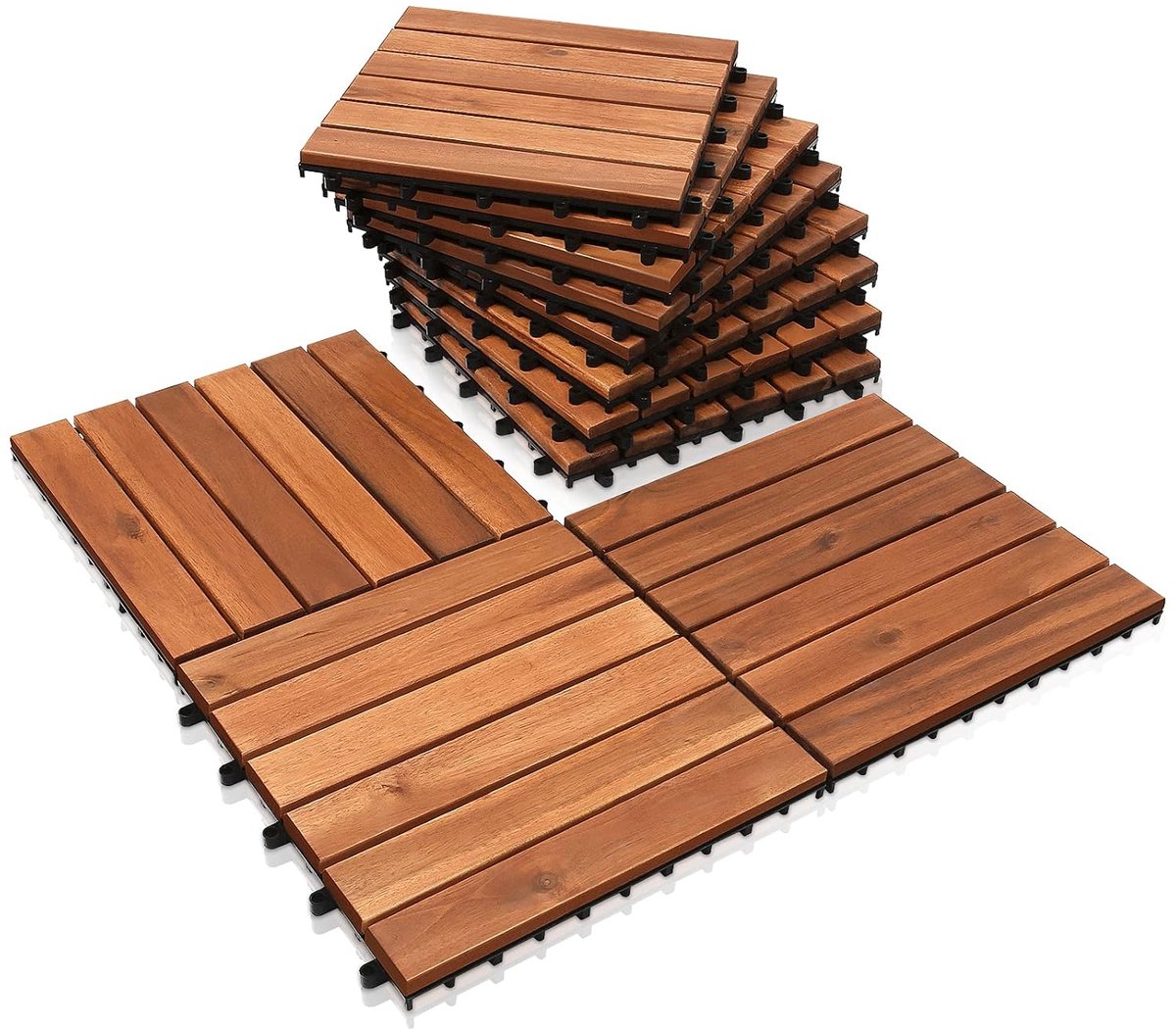 Houten tegels balkon, 30 x 30 cm, acaciahout, 22 stuks, 2 m², balkonvloerbedekking (6 latten), terrasvloer buiten, kliktegels, terras, mozaïek voor tuin, patio