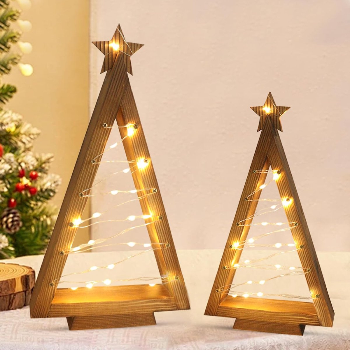 LED kerstboom van hout met ster, 2 stuks verlichte kerstboom met LED-lichtslinger, kerstdecoratie voor binnen, esthetische houten boom tafeldecoratie voor gezellige kerstdecoratie