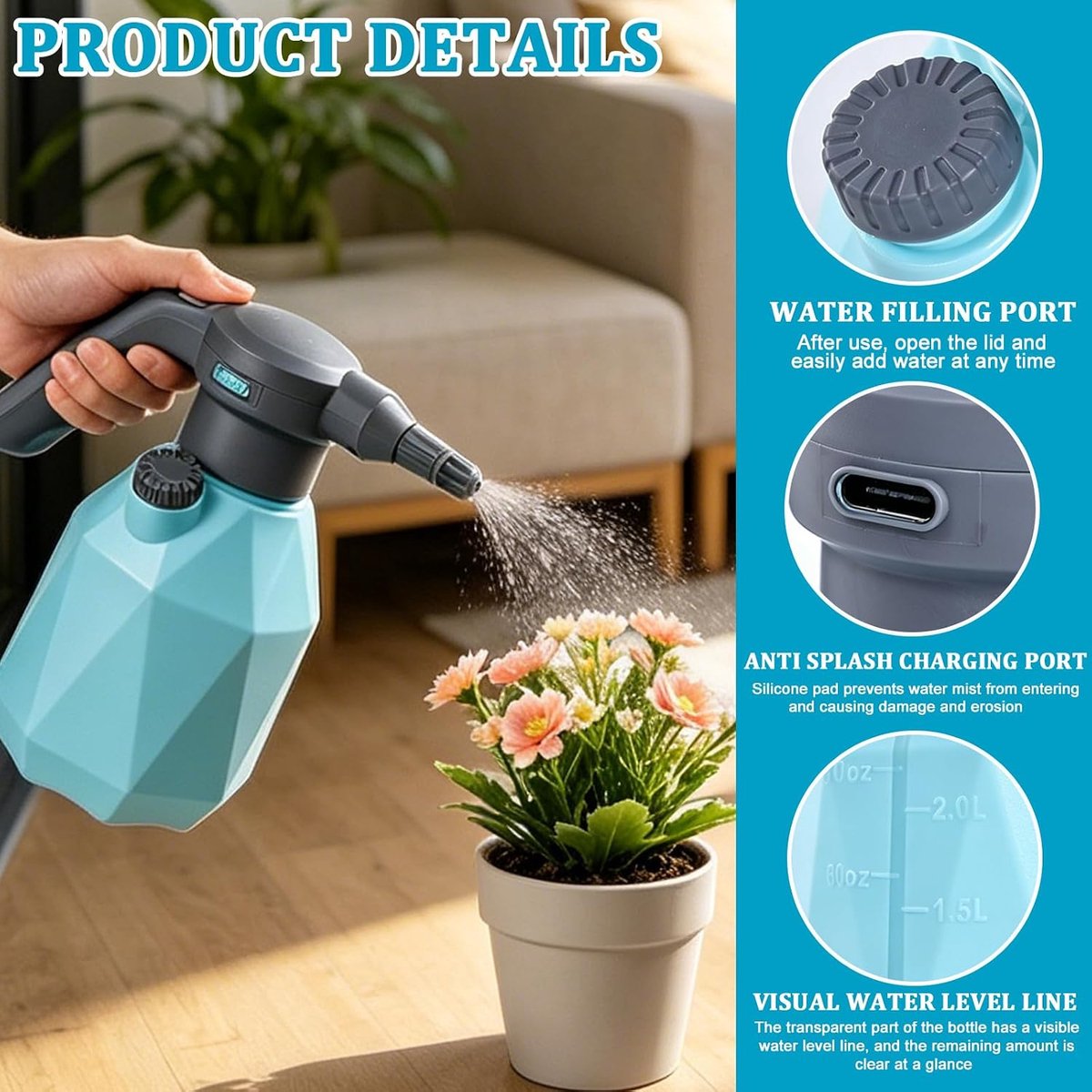 Spuitfles, 2 l, elektrische spuitfles, pompspuitfles, draagbare accusproeier met USB en verstelbaar mondstuk voor huishouden, reiniging, plantenverzorging, autowassen, tuin