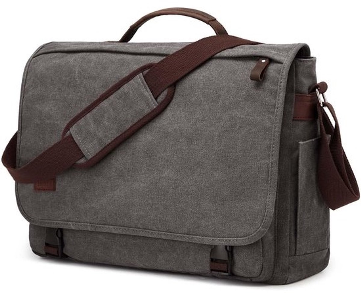 Grote Schoudertas voor Mannen - 17.3 Inch Canvas Laptoptas, Handtas voor Werk en Reizen met Bagagecompartiment