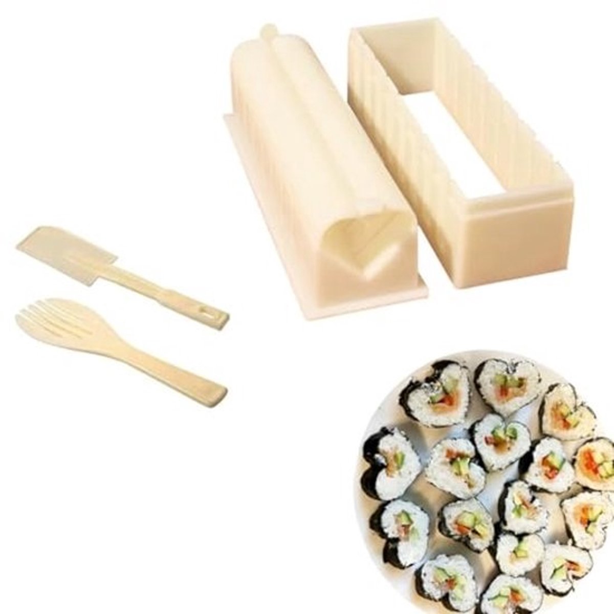 Sushi Maakset - Compleet 5-delig Set voor Thuis - Hartvormige Vormen en Sushi Mes