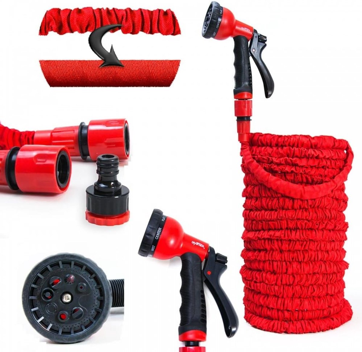 Flexibele slang, 30 meter, 3-voudige latexkern, met 8-voudige soft-multifunctionele douche, geen plaatsbepaling, massieve connectoren, rode flexibele tuinslang, flexibele tuinslang, flexibele