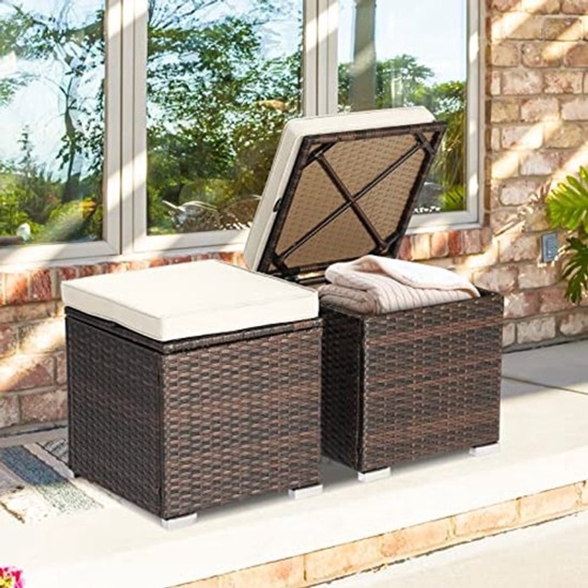 Rieten Outdoor Poef Set van 2 met Opbergruimte - Weerbestendige Voetenbank voor Terras en Veranda
