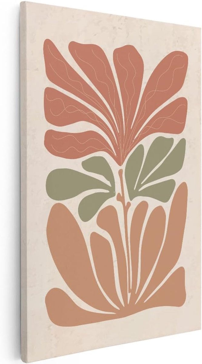 Canvas Schilderij Abstracte Plant - 40x60 cm - Wanddecoratie Boho - Muurdecoratie Bloem - Decoratie Woonkamer - Terracotta