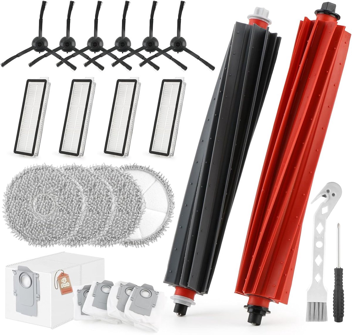 Roborock Qrevo Master accessoires voor Roborock Qrevo Slim met 2 hoofdborstels, 6 zijborstels, 4 stofzakken, 4 dweilen, 4 HEPA-filters, 1 reinigingsborstel, stofzuiger, reserveonderdelen.
