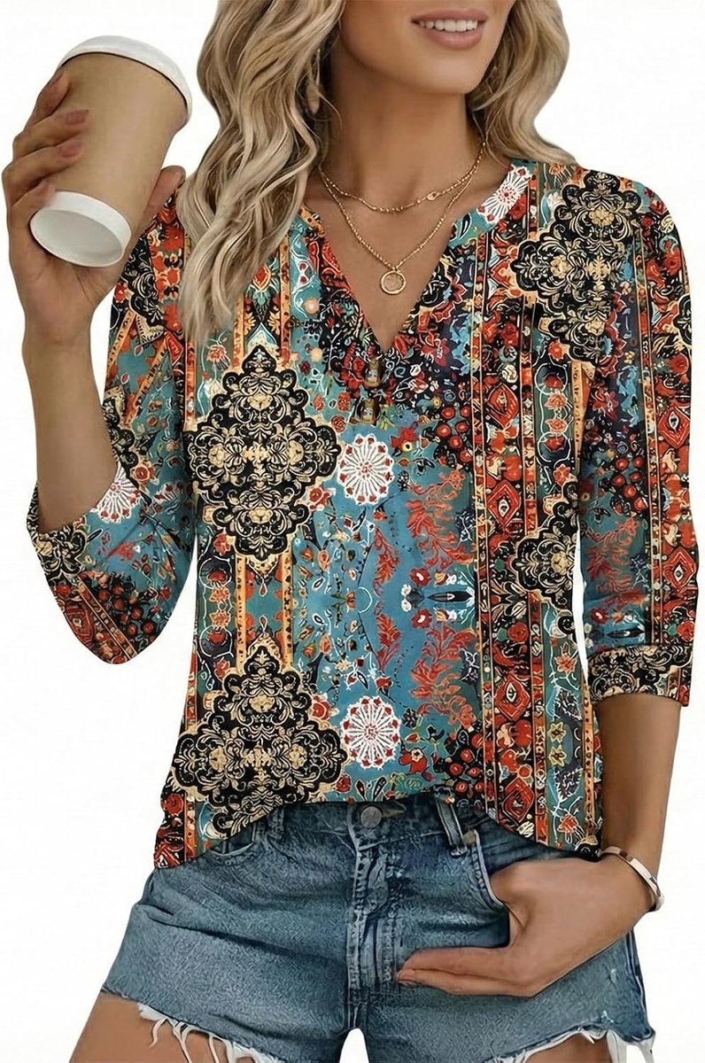 Damesblouse V-hals Casual Henley-shirts 3/4 Mouwen Trendy Tuniek voor Dames Outfits Tops Elegante Tees Zomer