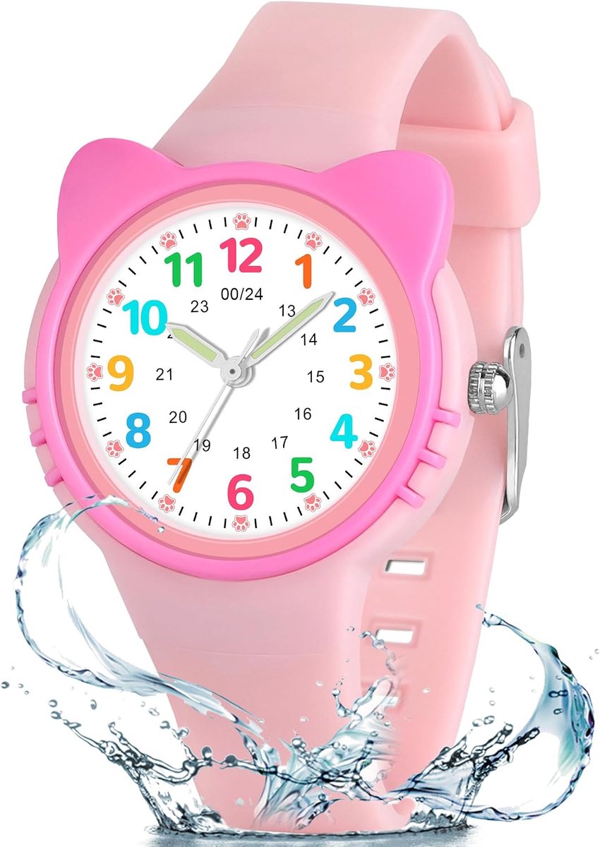 Leerhorloge voor kinderen met leesbare wijzerplaat, eenvoudige tijd, waterdicht tot 3 ATM, zachte armband, educatief cadeau voor jongens en meisjes van 4-12 jaar, Roze kat, Modern