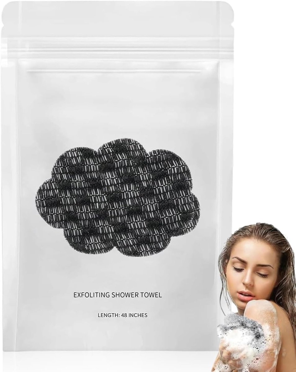 1 stuk exfolierende antibacteriële douche handdoek, peeling douche, 48 "" peeling baddoek, lichaam scrub douche zwam wrijven wasdoek voor mannen vrouwen, zwart