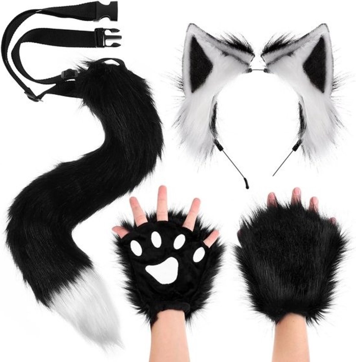 Fox oren en staart set voor cosplay, pluche accessoires voor Halloween kostuum, schattige fox oren en staart met halsband en benen