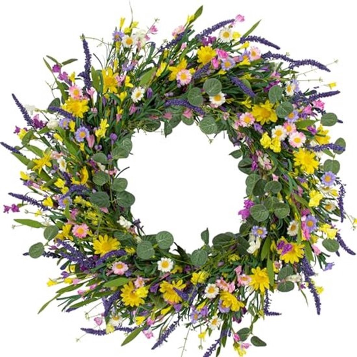 Grote Kunstmatige Lentekrans voor Voordeur - Zomer Bloemenkrans met Madeliefje en Lavendel
