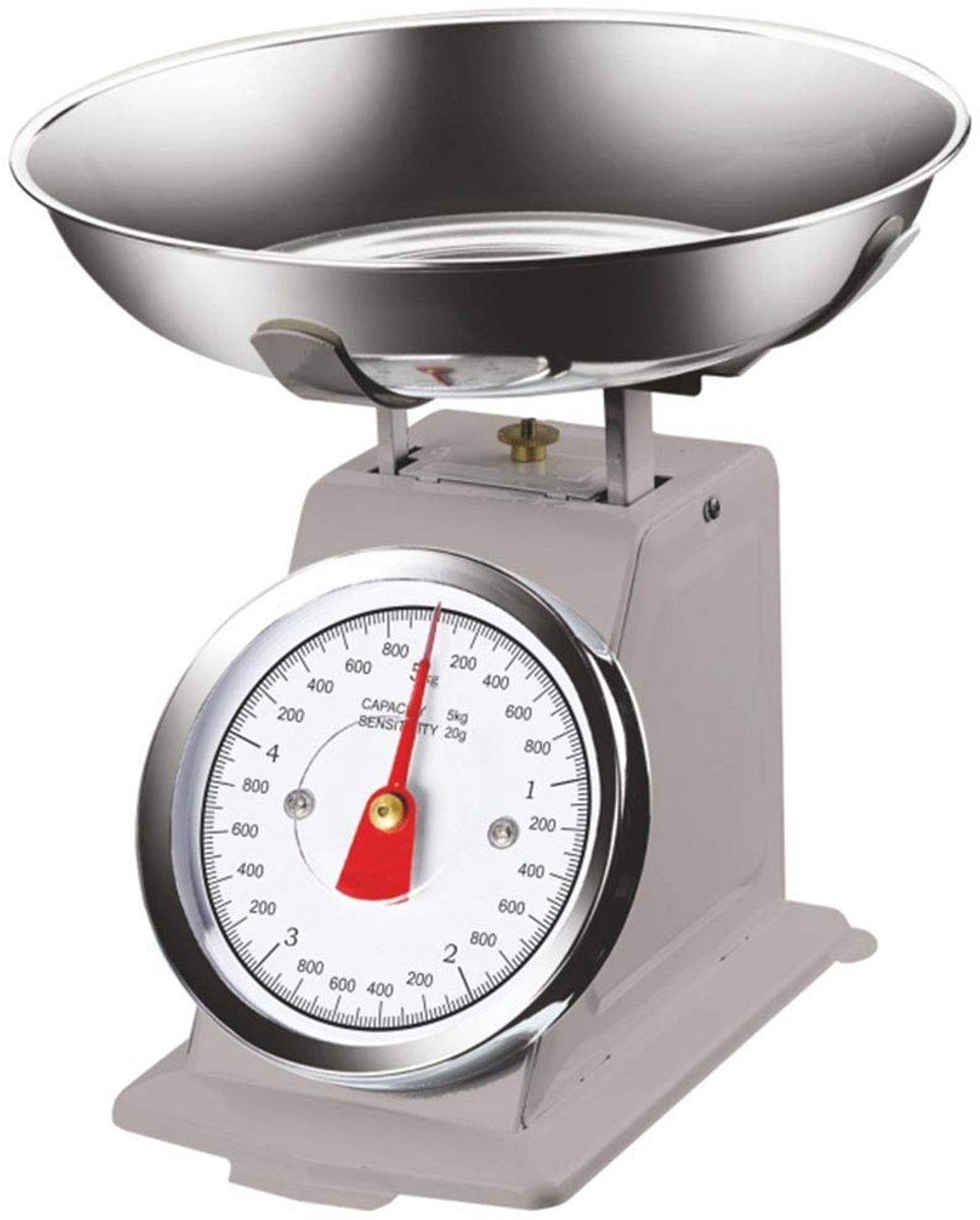 Mechanische analoge keukenweegschaal Atlas van metaal met verchroomde kom in vintage design, maximale capaciteit 5 kg, accessoires voor het koken (grijs)