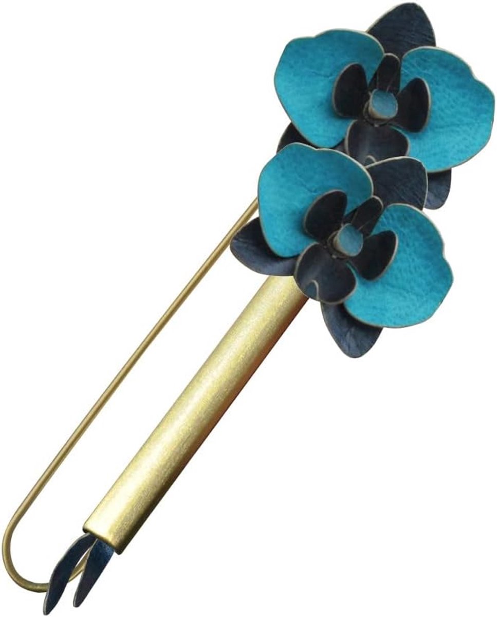 Poulettes Bijoux - Messing broche buis en lederen orchideeën, Messing, Leer, Zilver