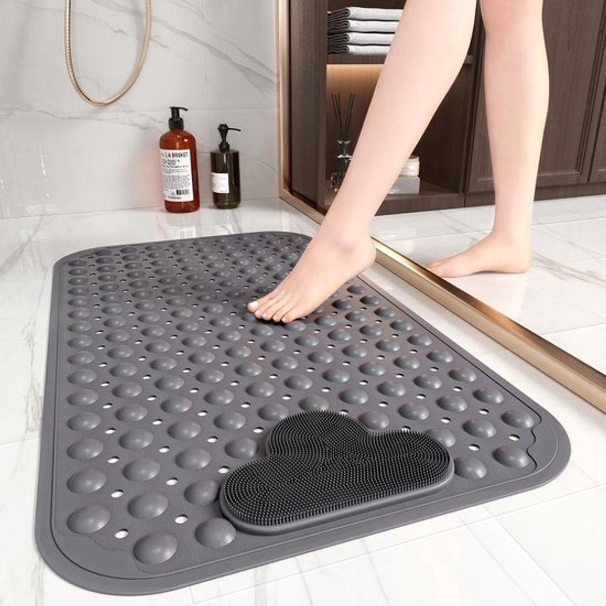 Douchemat - 70 x 40 cm (Rechthoekig) - TPE Materiaal - Antislip - Met Voetmassage - Schimmelbestendig - Kleur : Grijs