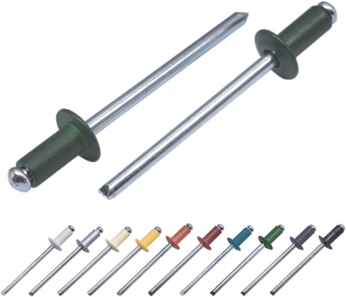 Blinde klinknagels 3,2 x 8 mm, koepelkop, DIN 7337, aluminium klinknagel en stalen doorn, popklinknagels (100, chroomgroen RAL 6020)