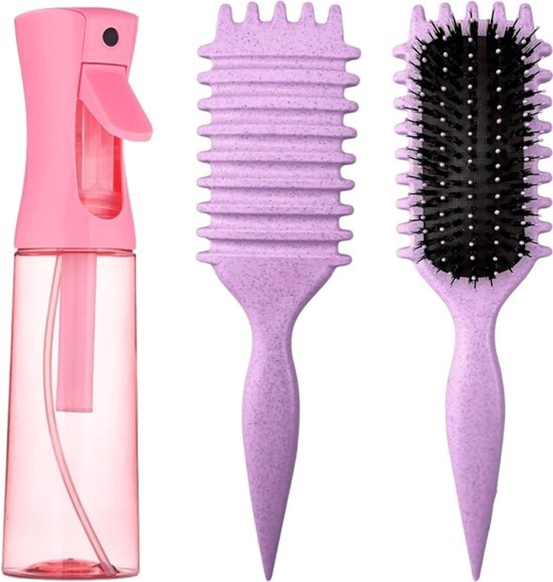 Krulborstelset met spuitfles voor perfecte krulldefinitie, paarse haarborstel met wildzwijnharen en 200 ml spray voor glanzend en veerkrachtig haar.