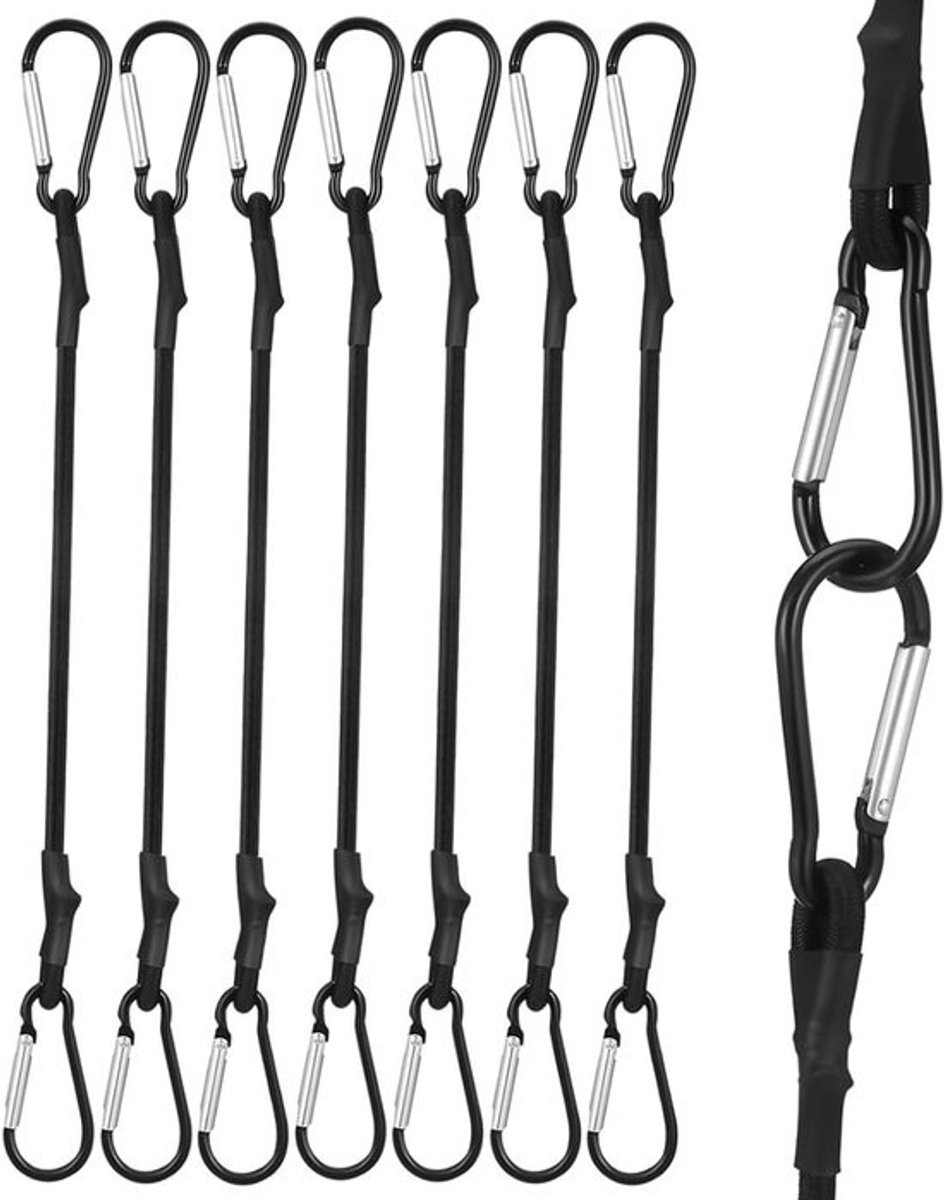 Set van 8 Multifunctionele Stretch Rubber Expander met Haak, 30 cm, Ideaal voor Zeilen, Fietsen en Auto's, Zwart