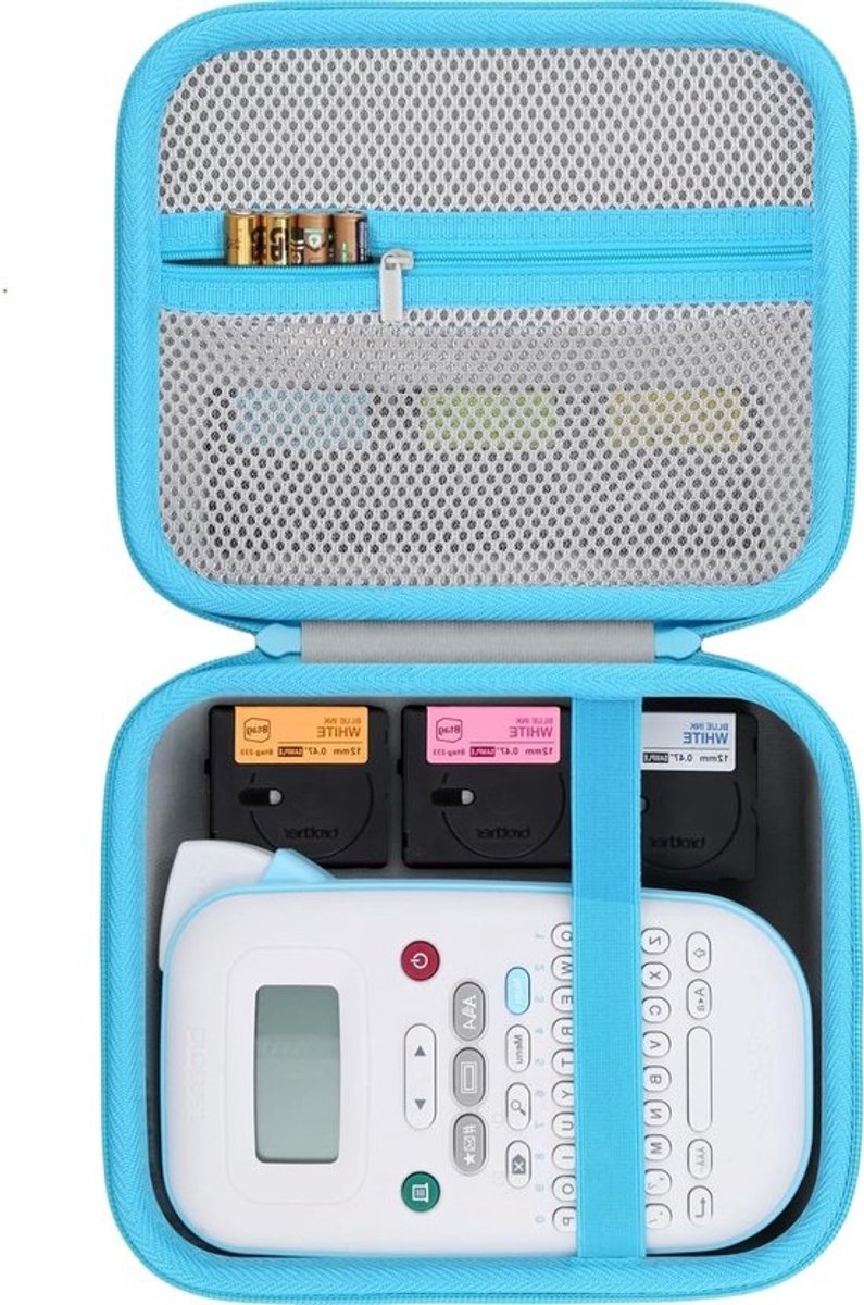 Draagbare Opbergdoos voor Handheld Labelmaker, Organizer voor Labeltapes en Accessoires, Wit met Blauwe Rits
