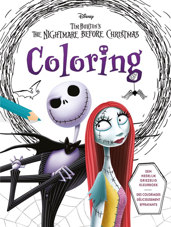 Tim Burton's The Nightmare Before Christmas kleurboek met Jack Skellington en Sally. Inclusief potlood en spinnenweb illustraties.