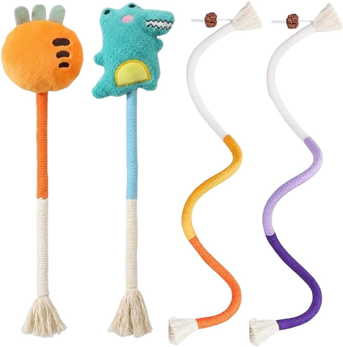 4 interactief kattenspeelgoed van katoenen touw: 2 pluche dieren (dino, wortel) en 2 kattennoten, tandreiniging