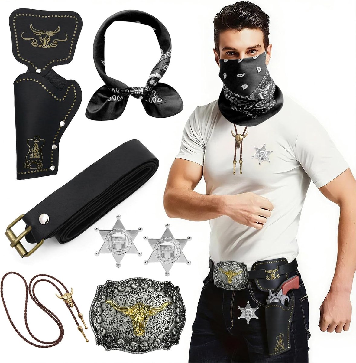 7-delige cowboy fancy dress accessoireset, Western Cowboy outfit kit - bandana, holster, riem, bolo-gesp, stropdas, halsketting, sheriff-badge, voor carnaval, cosplay, feest
