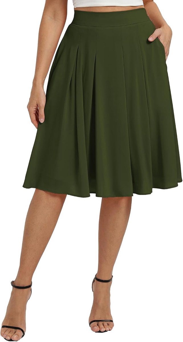 Poque Elegante basic geplooide midirok voor dames met hoge taille, skaterrok met zakken