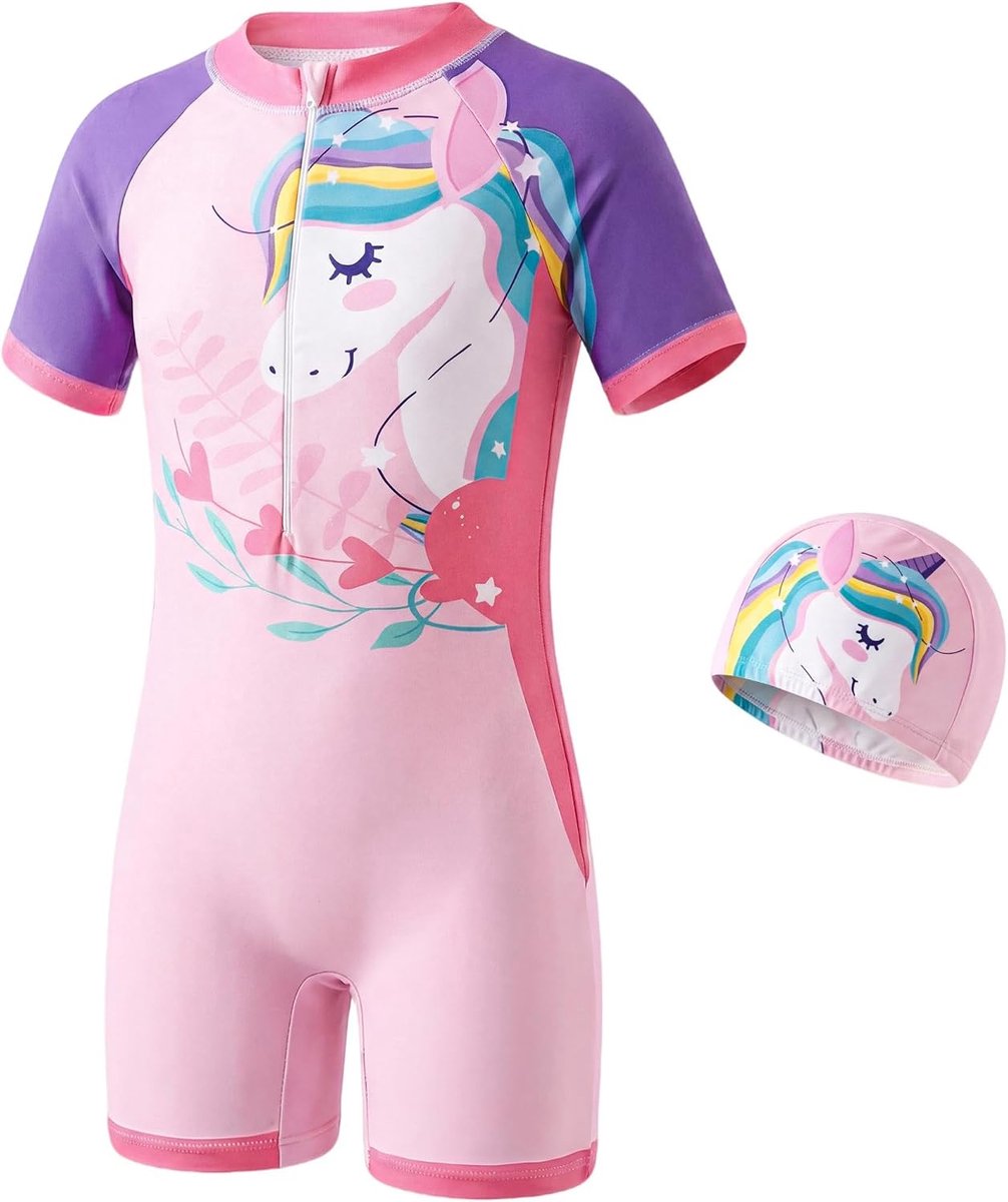 Tokeya Meisjes Eendelig Badpak Kinderzwempak met Badmuts Korte Mouw Rits Sneldrogend Zomer Zwemkleding Badmode voor Strand Zwembad 4-10 Jaar
