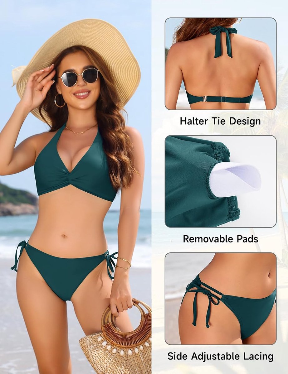 Bikini-set voor dames, nekhouder, push-up bikini, V-hals, 2-delig, badpak, bloemenpatroon, met verstelbaar trekkoord