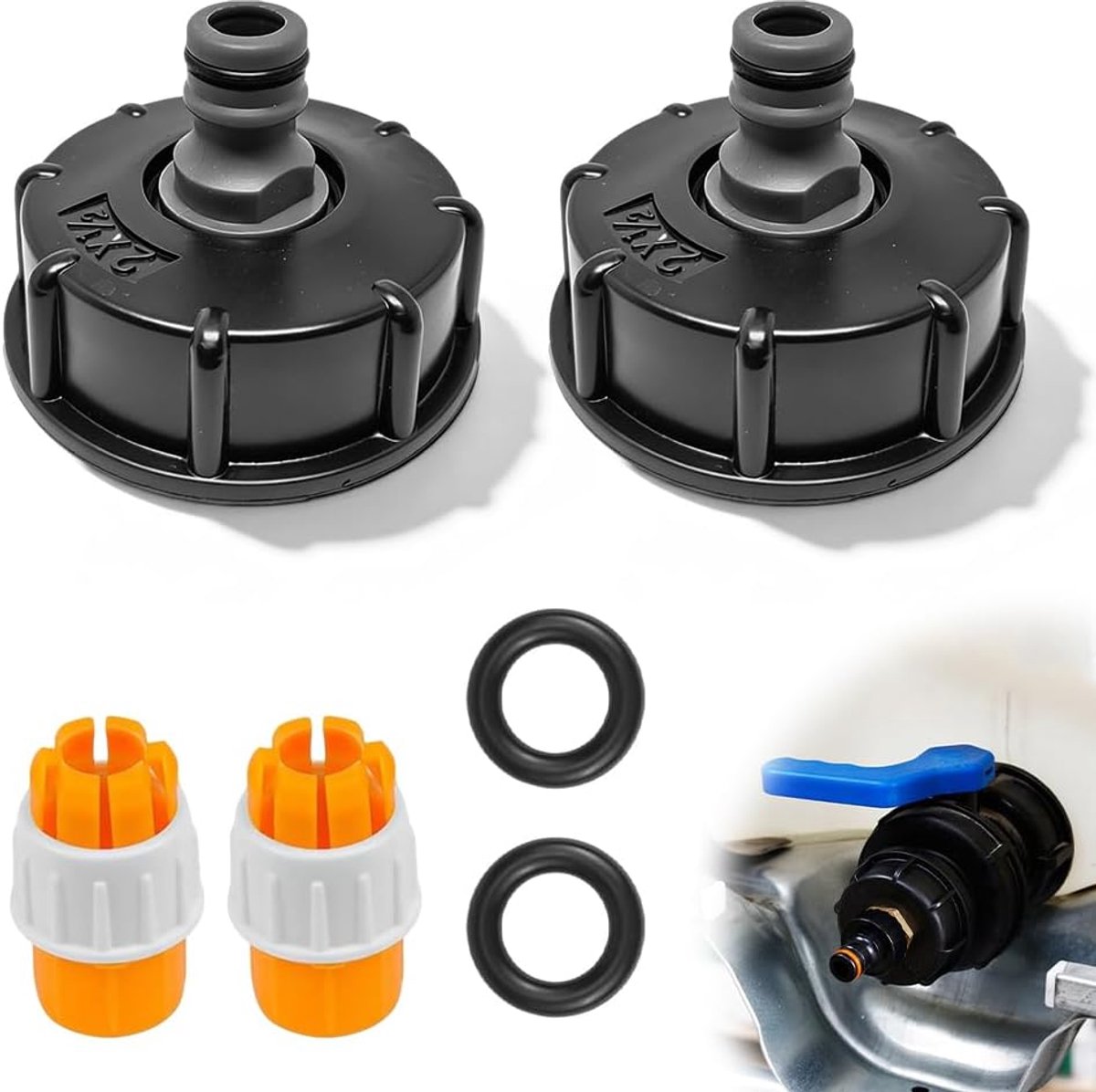 2 stuks IBC-tankdekseladapter, S60 x 6 IBC-adapterkap, 1/2 inch fopspeen-ventieladapter, geschikt reserveventieladapter voor het aansluiten van tuinslangen, regenwatertanks