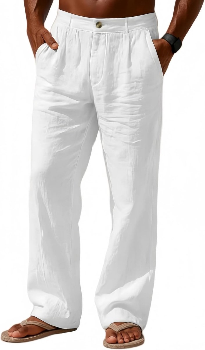 Broek voor heren, lichte zomerbroek voor het strand, losse pasvorm, elastische tailleband met ritssluiting