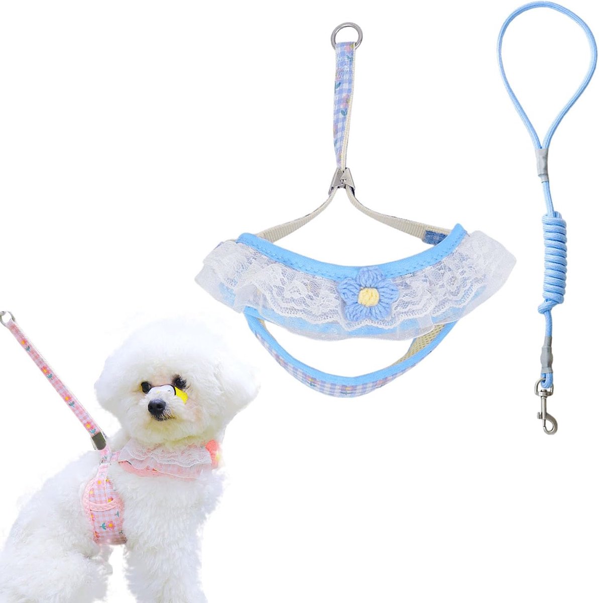 Kattenharnas met riemset, schattig kanten bloemenpatroon, hondenharnas voor kleine honden, ademend, verstelbaar kattenharnas, puppyharnas, ontsnappingsbestendig, voor wandelingen (blauw, S)
