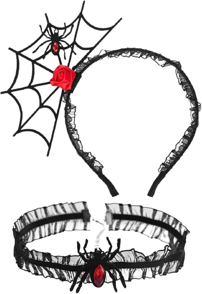 2-delige set haarband en halsband met spinnenweb en spin