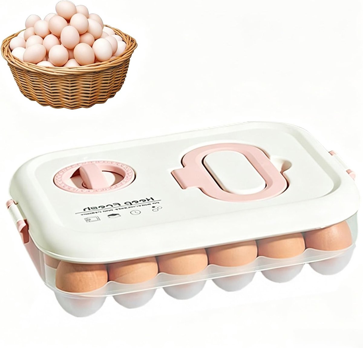 Eierhouder voor koelkast, kunststof eierbox met timer, 24 vakken, draagbare opbergdoos voor eieren, opbergdoos met deksel, voor keukenkoelkast, kast, eettafel